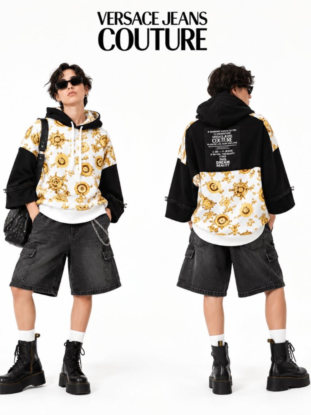 Versace Jeans Couture Baroque Print Oversized Hoodie White Black Gold Gold XS
